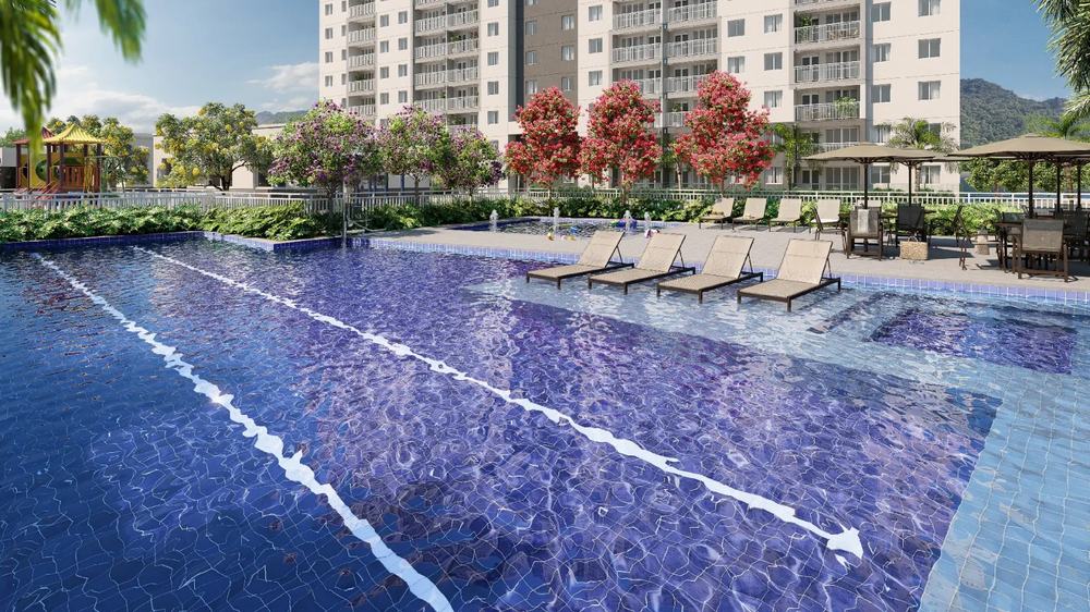 Perspectiva ilustrativa da piscina do Duet Barra Residence