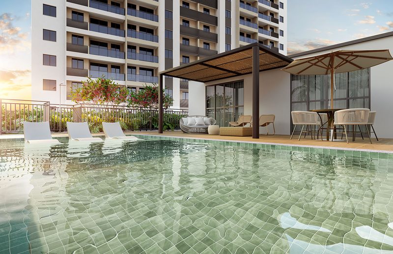 Perspectiva ilustrativa do pool house do Ilhamar Beach & Home