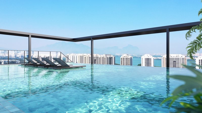 Perspectiva ilustrativa da piscina de borda infinita no rooftop do Murano Residencial
