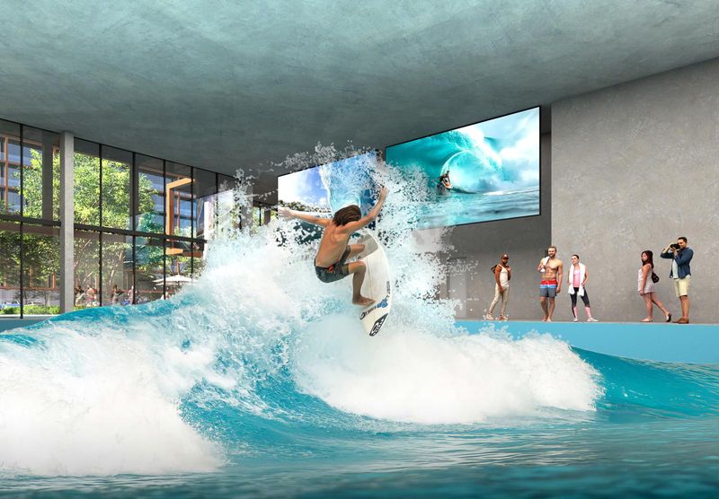 Perspectiva ilustrativa da piscina de surf indoor do Arte Wave