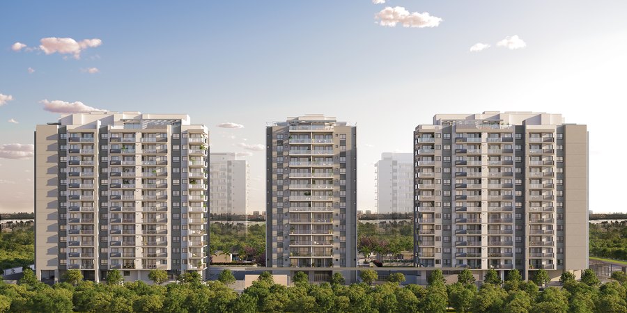 Fachada dos três blocos do Grand Quartier Rio 2, projeto de Alexandre Feu