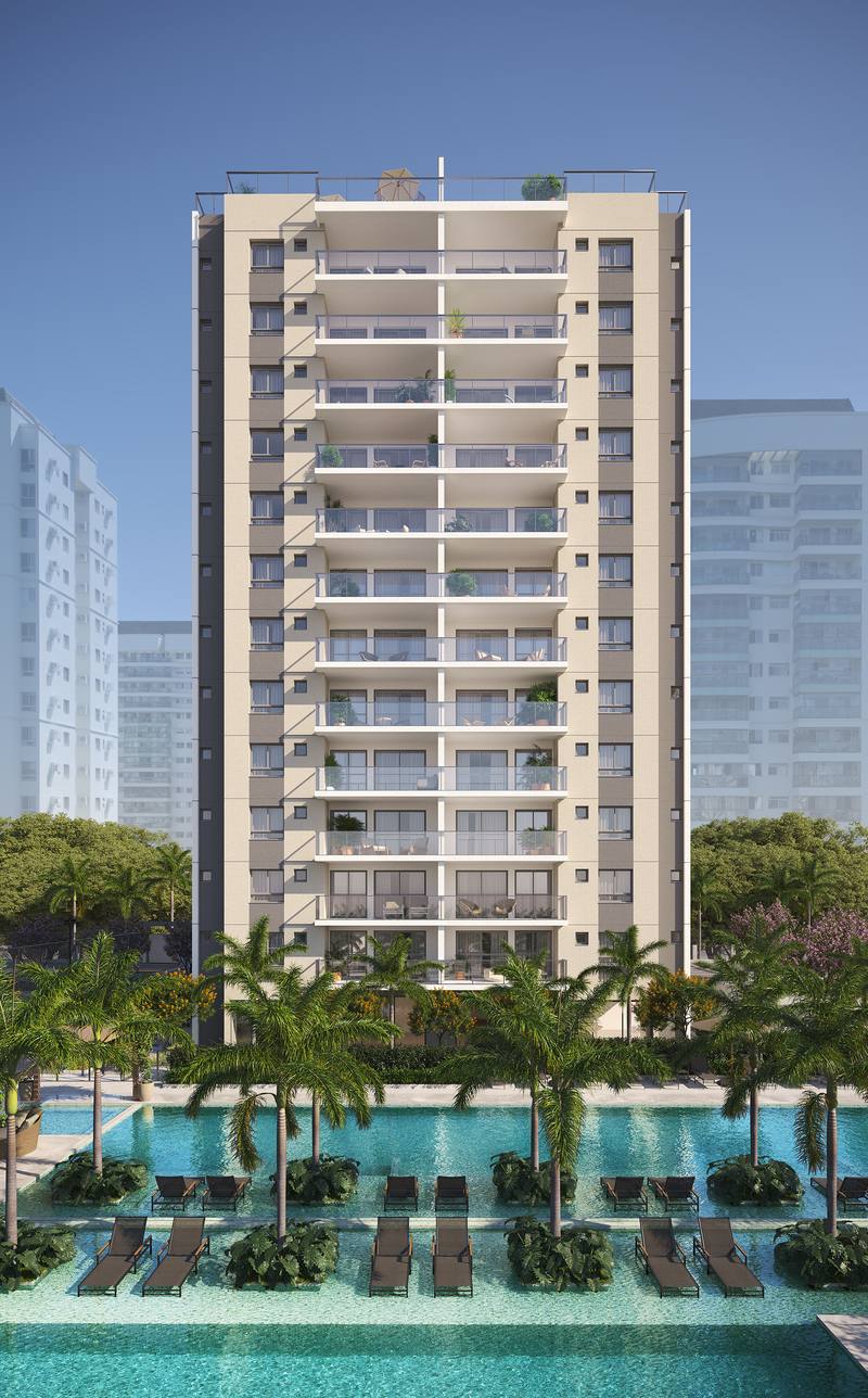 Perspectiva ilustrativa da torre do Grand Quartier Rio 2, com a piscina na base