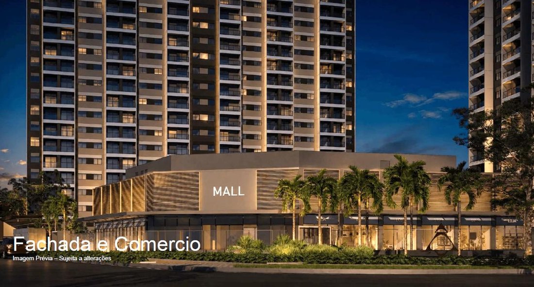 Perspectiva ilustrativa da fachada do Ilha Stay Home Resort, com o mall e as lojas no térreo