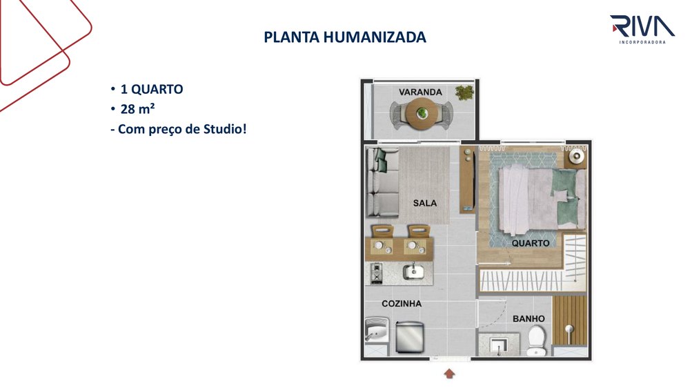 Planta humanizada da unidade de sala e quarto de 28 m² do Ilha Stay Home Resort