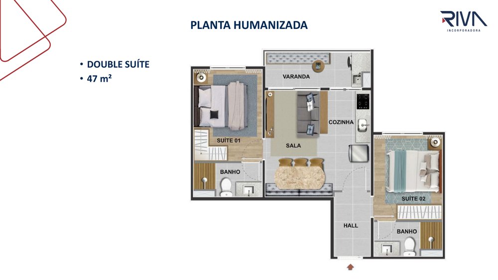 Planta humanizada da double suíte de 47 m² do Ilha Stay Home Resort, com o apartamento de um lado e a suíte independente do outro, separados pelo hall