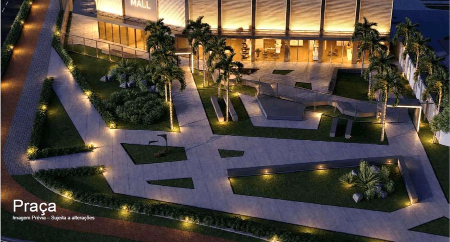 Perspectiva ilustrativa da praça iluminada do Ilha Stay Home Resort