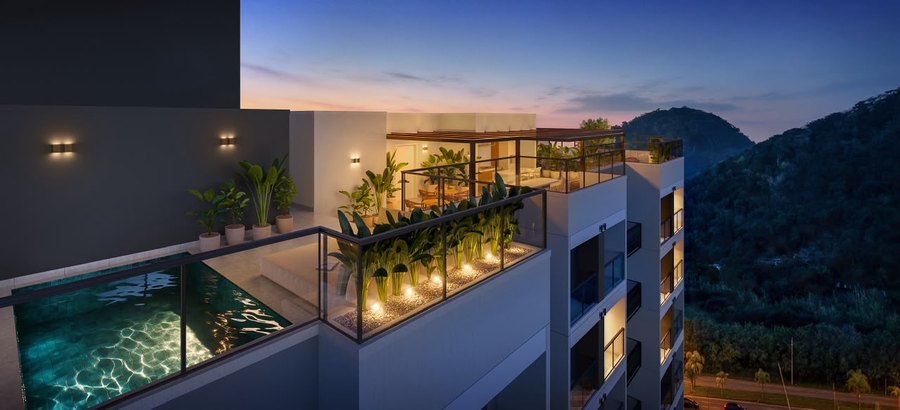 Perspectiva ilustrativa do rooftop do Ilha Stay Home Resort ao anoitecer